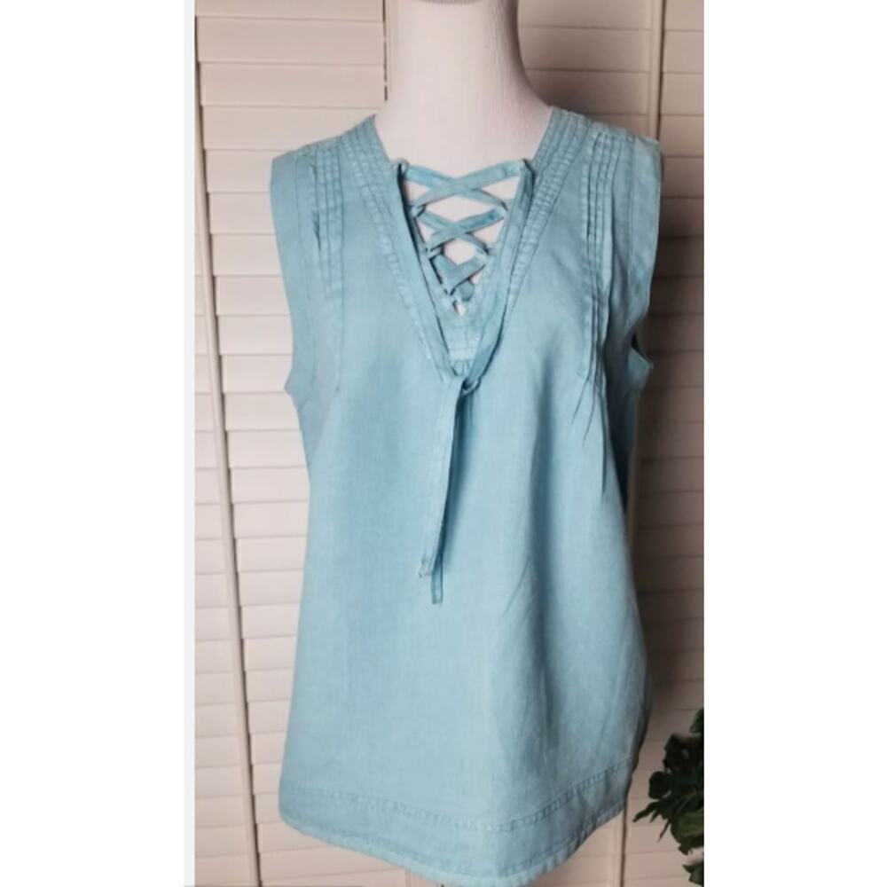 Artisan NY women lace up linen sleeveless top powder blue euro summer coastal S‎